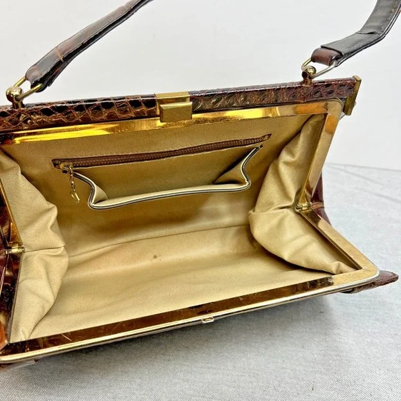 Gorgeous Vintage 1950s 60's Vassar Cognac Brown Alligator Skin Handbag Frame Bag - Picture 7 of 13